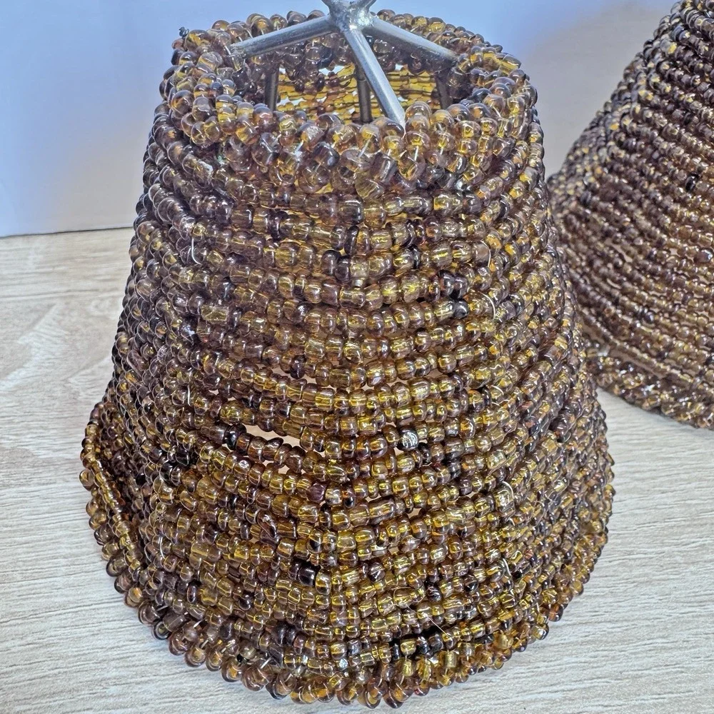 Amber Glass Seed Bead Chandelier Lamp Shades Set of 3 Boho Brown